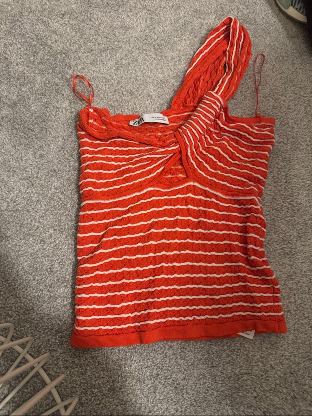 Zara Red-Orange One-Shoulder Striped Knit Tank